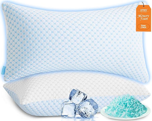 Cooling Memory Foam Pillows for Sleeping Firm and Soft, Queen Size Set of 2, Original Adjustable Pillows for Side, Back or Stomach Sleepers (2, Blue, Queen)