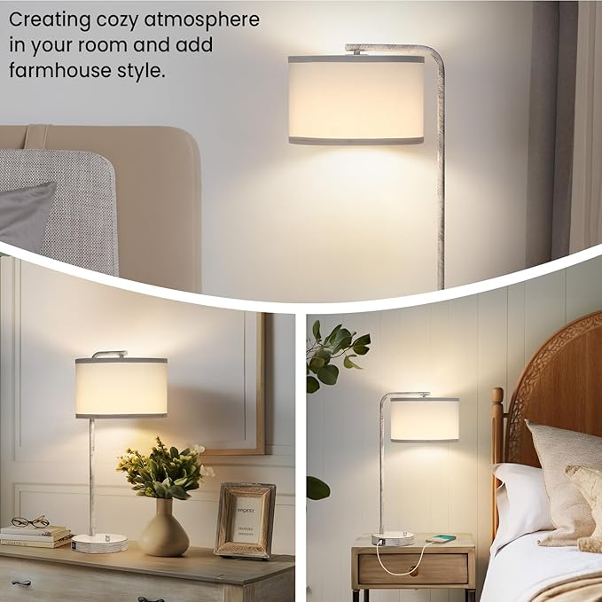 Bedside Table Lamp with USB C+A Charging Ports, Fully Stepless Dimmable Modern Farmhouse Nightstand Lamp, Tall Reading Desk Lamp for Bedroom, Living Room, Office, 9W LED Bulb Included
