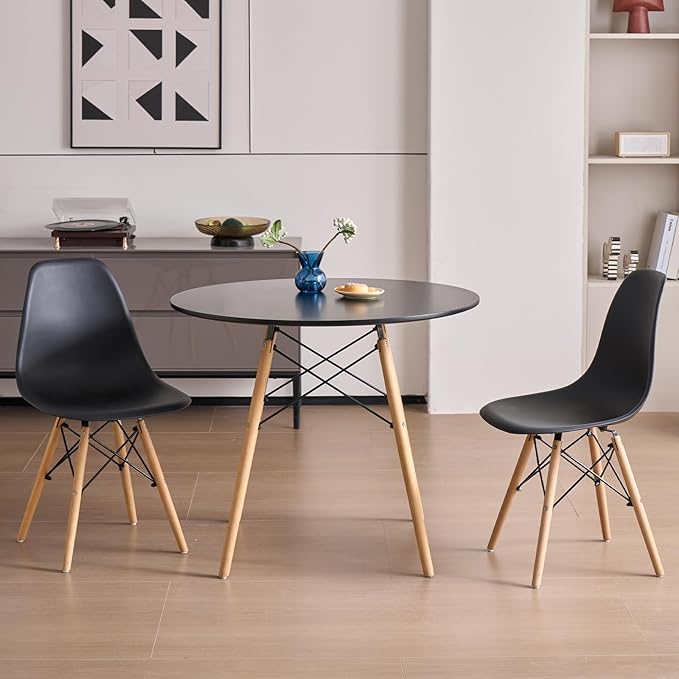 31.5'' 5 Piece Round Dining Table Set for 4, Mid-Century Modern Table with Chairs, Space Saving, Plastic Seats, Wood Legs, Circle Dinner Table for Kitchen, Home, Apartment, Black