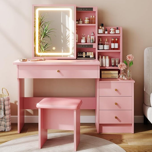 Vanity Desk with Mirror and Lights, Makeup Vanity with 3 Adjustable Lighting Modes, Small Vanity Desk with Sliding Mirror, 4 Drawers, 7 Shelves, Vanity Chair for Bedroom, Pink