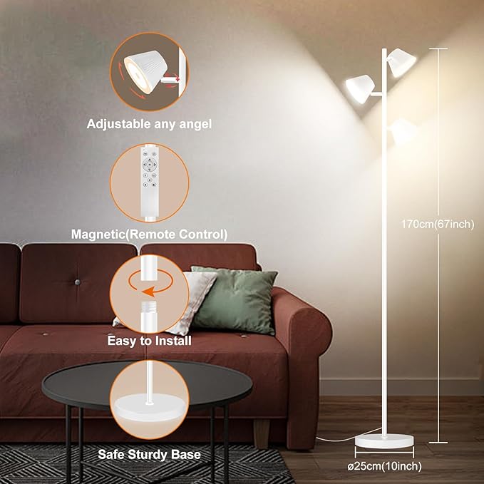 White 42W Tree Floor Lamp, Super Bright LED Standing Lamp with Remote, Modern Dimmable Floor Lamps,Individual Control, Rotable Head LED Lamp for Living Room Bedroom Office