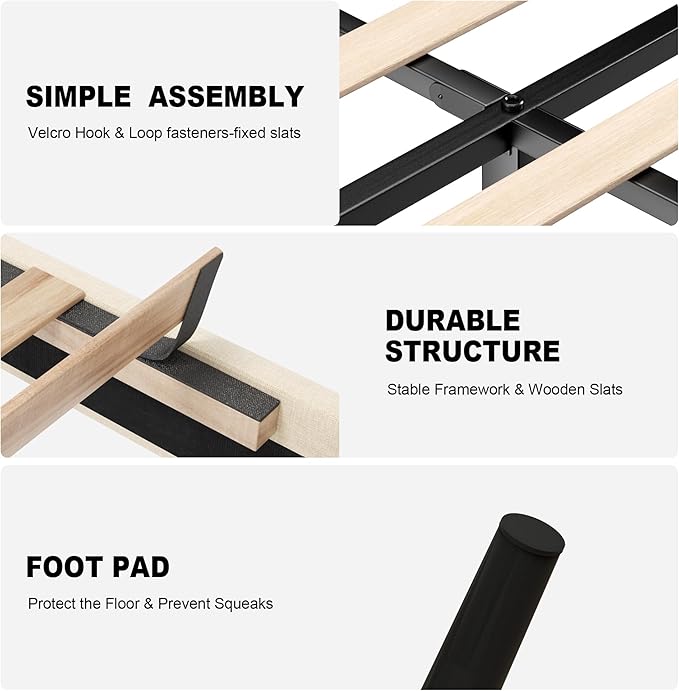 Queen Size Bed Frame with Fabric Upholstered Headboard, Platform Bed with Wooden Slats Support, Fully Mattress Foundation, Box Spring Optional, Easy Assembly