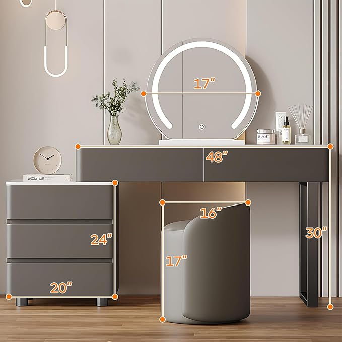 Solid Wood Vanity Desk, Modern Makeup Vanity with Drawers & Rock Slab Countertop and LED Light Mirror, Simple Dressing Table with Makeup Stool for Bedroom (Grey)