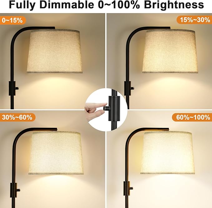 Ambimall Fully Dimmable Floor Lamp - Floor Lamps 9W LED Light Bulbs, Standing Lamps for Living Room with Adjust Head, Modern Standing Light Rotary Switch, Tall Lamp for Bedroom (Black and Linen Grey)