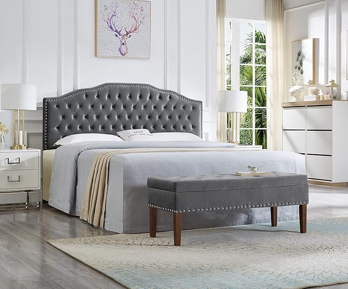 24KF Upholstered Button Tufted King Size Headboard with Nailhead Trim, Soft Velvet Fabric Headboard King/Cal King Size -Dark Gray