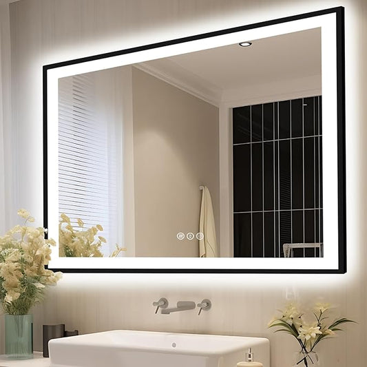 55x40 Bathroom Mirror with LED Lights - Black Framed, Front and Backlit Mirror, Anti-Fog LED Vanity Mirror, 3 Colors and Dimmable Mirror, Waterproof, Corrosion Proof (Horizontal/Vertical)