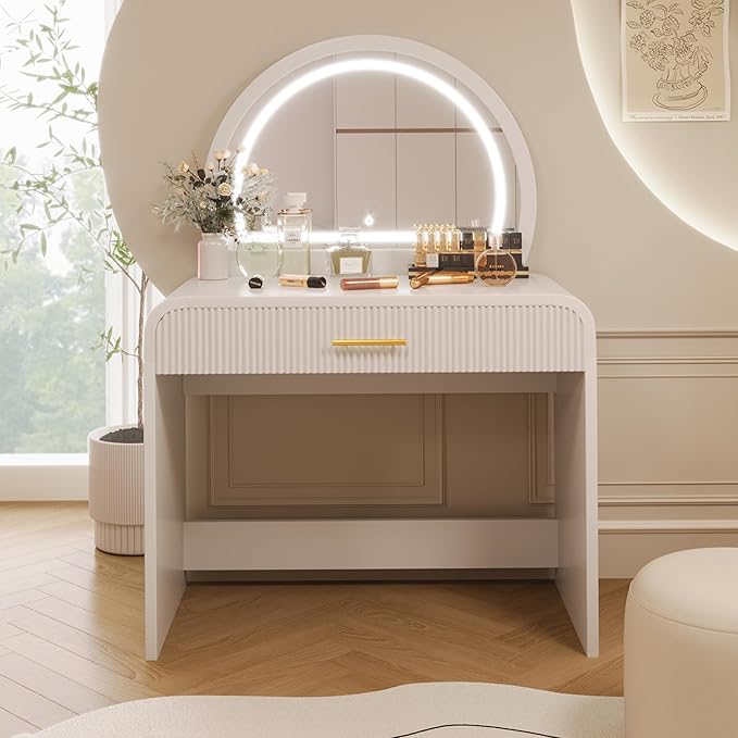 Makeup Vanity Desk with Mirror Touch Screen Lighted Mirror, Dressing Table with Storage Drawer for Bedroom