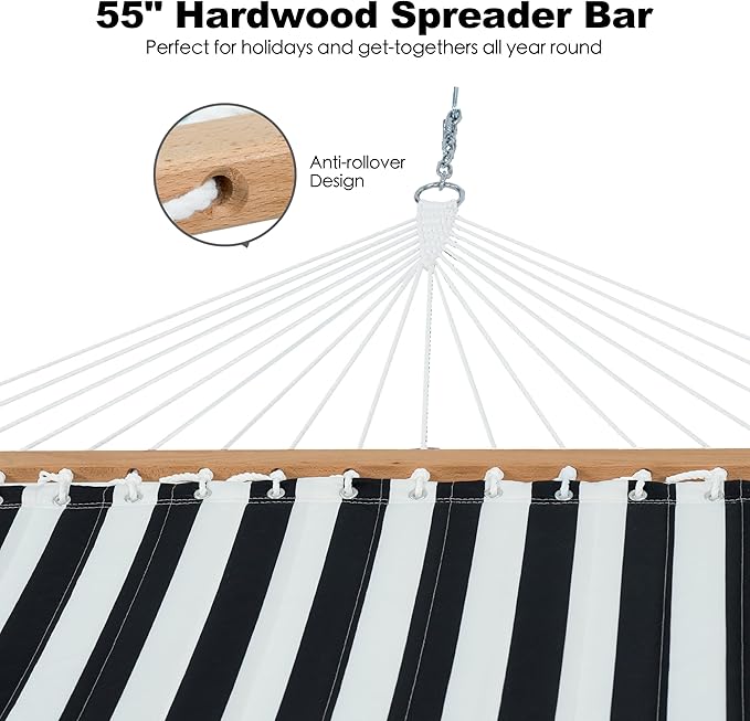 2 Person Hammocks for Outside, Double Quilted Fabric Outdoor Hammock with Spreader Bar, Large Removable Pillow, Storage Pockets, Carabiners, Max 475 lbs Capacity (Black White)