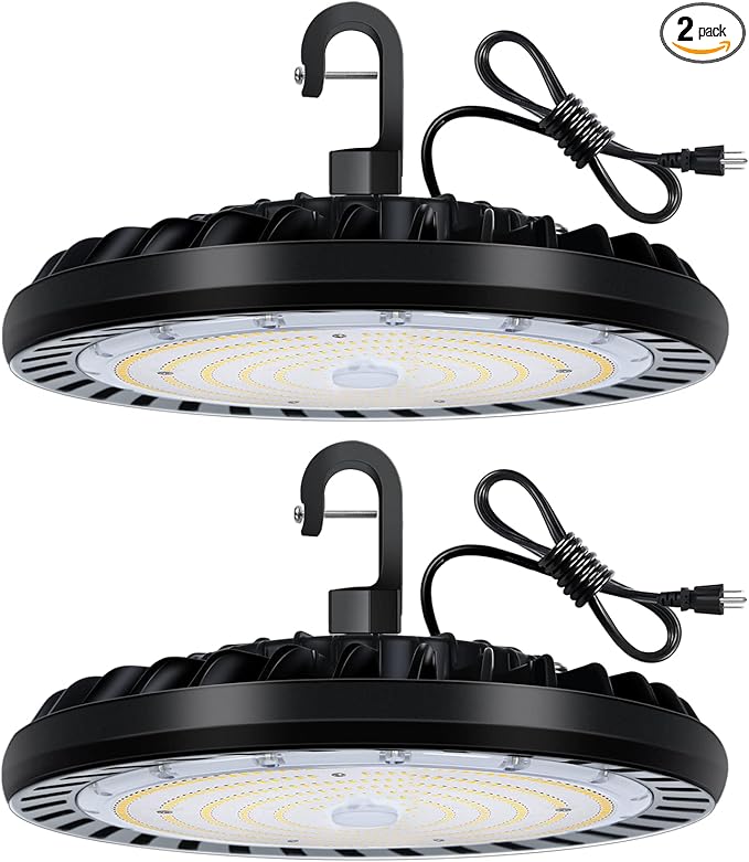 2 Pack LED High Bay Light 150W, 5000K UFO LED High Bay Light Fixture with US Plug [450W MH/HPS Equiv.] 120-277V, 19,500lm, IP65 Commercial Warehouse Area Light for Wet Location