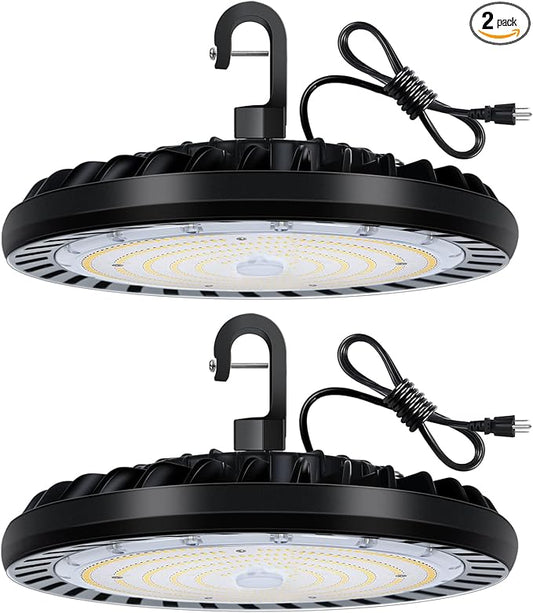 2 Pack LED High Bay Light 150W, 5000K UFO LED High Bay Light Fixture with US Plug [450W MH/HPS Equiv.] 120-277V, 19,500lm, IP65 Commercial Warehouse Area Light for Wet Location