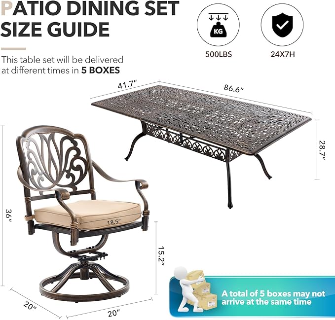 9 Piece Outdoor Dining Set Cast Aluminum, Retro Patio Dining Furniture Set for 8 Includes 86.6’’ Rectangular Table 2 Swivel Chairs with Thicker Cushion and Umbrella Hole for Patio Deck Garden