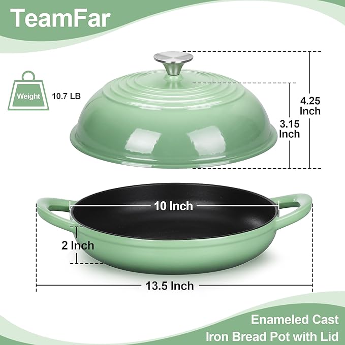 TeamFar Cast Iron Bread Dutch Oven, 6 Qt Enameled Dutch Oven Pot for Sourdough Bread Baking, with Tall Dome Lid & Round Base Pan, Self-Basting & Even-Heating, Heavy-Duty & Non-stick, Pistachio Green