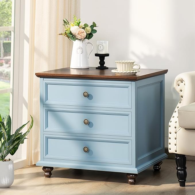 24" Wide Farmhouse Night Stand Set of 2,Large End Table with 3 Drawers & Metal Handle,Wood Dresser for Bedroom Cabinet,Light Blue Bed Side Table Chest of Drawers,Nightstand for Living Room