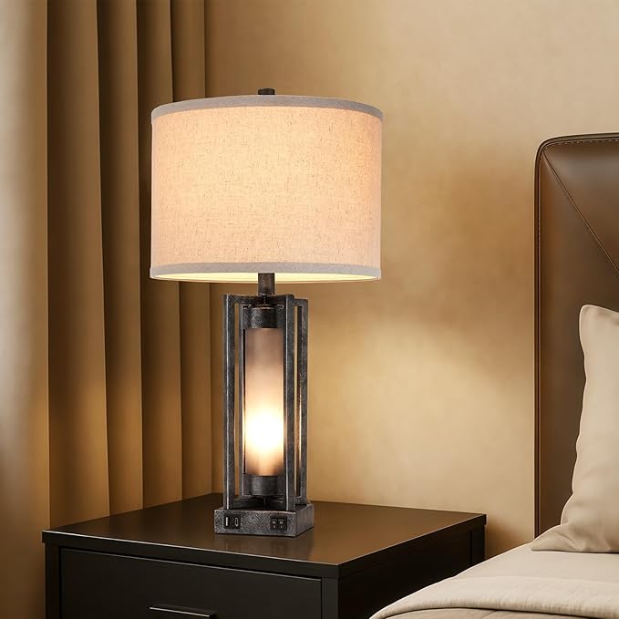 RORIANO Set of 2 Industrial Table Lamps for Living Room with USB C+A, Vintage End Table Lamp for Bedroom with Gray Nightlight, Farmhouse Rustic Desk Lamp for Bedside, 4 Bulbs Included (Iron Gray)