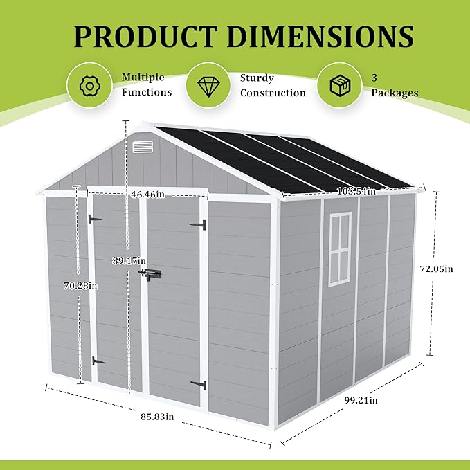 8' x 8' Resin Storage Shed Outdoor, PP Material & Strong Structure for All Weather, Plastic Garden Shed w/Window for Garden, Backyard, Poolside and Lawn, 12mm Thick PP Board - Grey