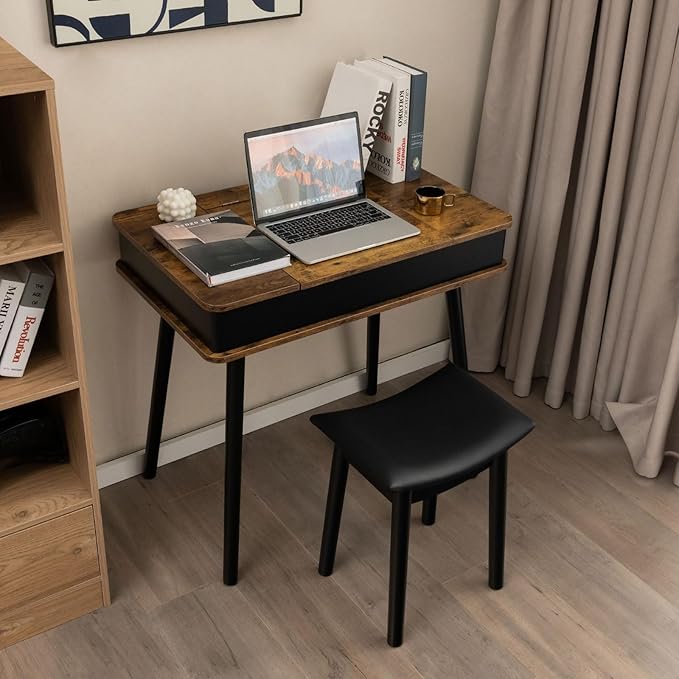 CHARMAID Vanity Desk with 3-Color Lighted Flip Top Mirror, 7 Storage Compartments, Side Organizers, USB Port, Makeup Dressing Table Set Writing Desk with Cushioned Stool, Easy Assembly, Rustic Brown