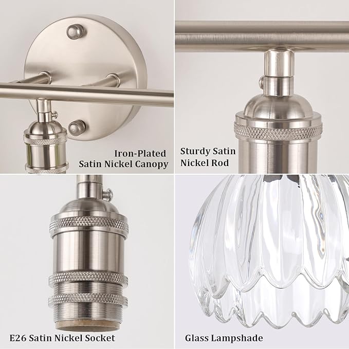 Bathroom Light Fixtures, 3-Light Vanity Wall Light Over Mirror with Clear Tulip Glass Shade for Bedroom Living Room, Satin Nickel