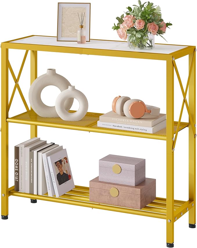 Hoctieon Industrial Console Table, 3 Tier Entryway Table, Metal Frame, Sofa Tables with Shelf, Hallway Desk, Entrance Tables for Entryway, Living Room, Foyer, Hallway, Gold and White