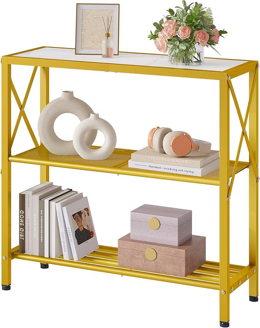 Hoctieon Industrial Console Table, 3 Tier Entryway Table, Metal Frame, Sofa Tables with Shelf, Hallway Desk, Entrance Tables for Entryway, Living Room, Foyer, Hallway, Gold and White