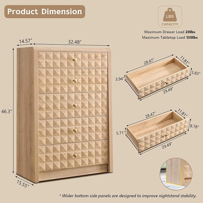 Modern 5 Drawer Dresser for Bedroom, Wooden Tall Dressers &Chests of Drawers w/Two Different Drawer Sizes, Mid Century Modern Dresser w/Diamond Panel Decorate for Bedroom,Curved Profile Design,Natural