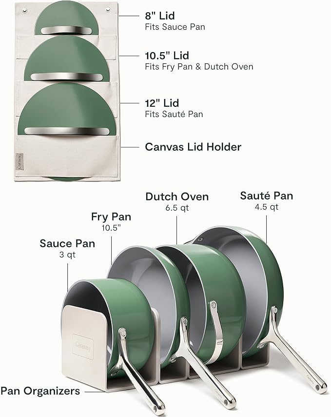 Caraway Nonstick Ceramic Cookware Set (12 Piece) Pots, Pans, Lids and Kitchen Storage - Non Toxic - Oven Safe & Compatible with All Stovetops - Sage