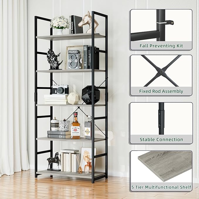 OTK 5 Tier Bookshelf, Tall Bookcase, Office Shelf Storage Organizer, Modern Book Shelf for Living Room, Bedroom, and Home Office, Grey