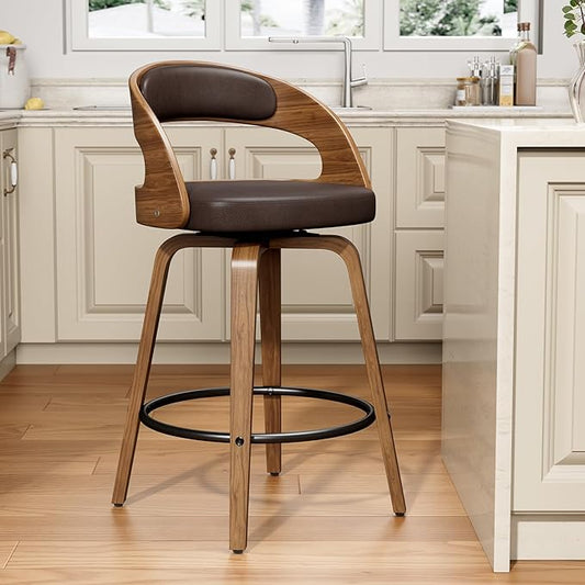 Swivel Bar Stools Set of 1, 26" Counter Height Bentwood Barstool, Mid-Century Modern PU Leather Upholstered Bar Chair with Back and Footrest, for Kitchen Island, Bar, Cafe, Dining Room, Brown