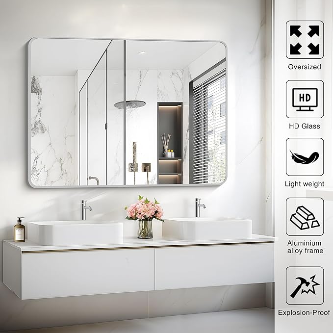 48x36 Inch Silver Bathroom Mirror, Large Rectangular Vanity Mirror, Metal Framed Rectangle Mirrors, Rounded Corner Wall Mounted Mirrors for Living Room Bedroom Entryway Horizontal or Vertical