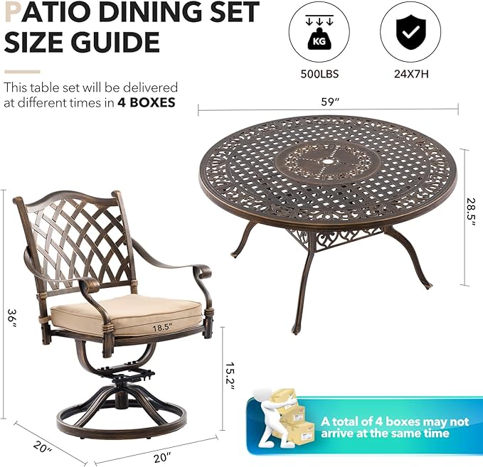 7 Piece Outdoor Dining Set Cast Aluminum, Retro Patio Dining Furniture Set for 6 Includes 54’’ Round Table 6 Chairs with Thicker Cushion and Umbrella Hole for Patio Deck Garden