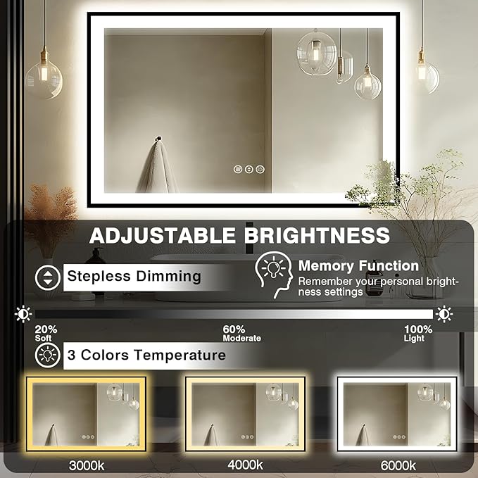 51x36 Lighted Mirrors for Bathroom Wall -Black Aluminum Framed (Front and Backlit), Anti-Fog LED Vanity Mirror, Shatter-Proof Lighted Mirror, 3 Colors Memory Mirror (Horizontal/Vertical)
