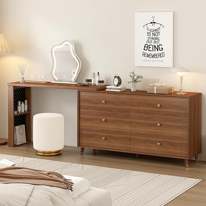 Vanity Desk with Mirror and Lights for Bedroom Furniture, Makeup Table and Chair Stool Set for Girls' Vanities,Dressing Table with A 6-Drawer Dresser and 3 Color Lighting Modes