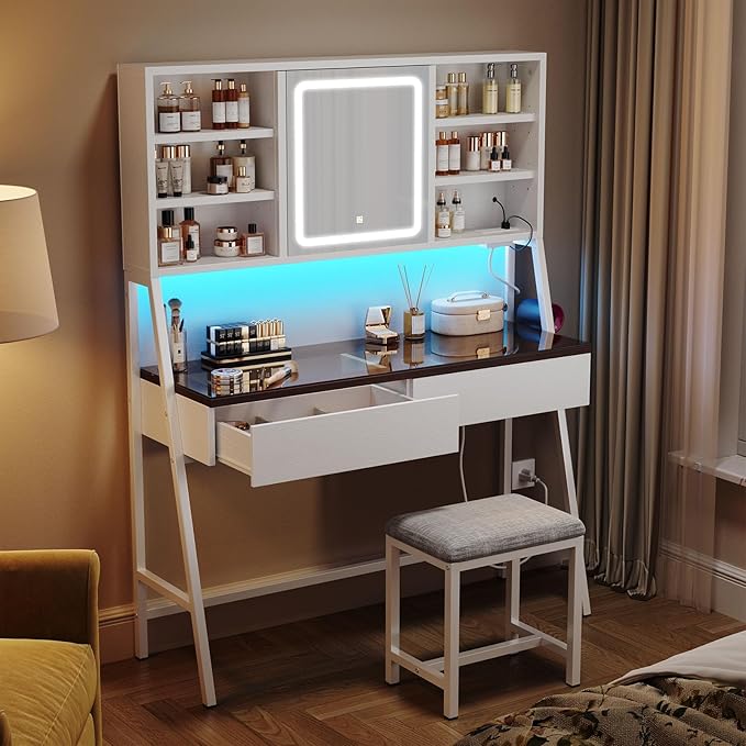 Vanity Desk with Mirror and Lights, 47inch Makeup Table with 3 Color Modes, Large Vanity Desk with Power Outlet, Light Strip, 2 Drawers, 8 Shelves, Cushioned Stool for Bedroom, White