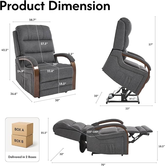 FLEXISPOT Dual Motor Power Lift Recliner Chair for Elderly, Electric Lay Flat Reclining Chair with Massage & Heat, Side Pockets, Fabric Single Sofa for Living Room,Charcoal Gray