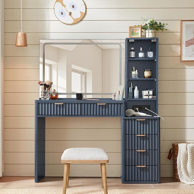 LEYAOYAO Fluted Makeup Vanity Desk with Mirror and Lights, 43.5'' Blue Vanity Table with Glass Top and Power Outlet, Make Up Vanity with 6 Drawers and Adjustable Shelves for Bedroom