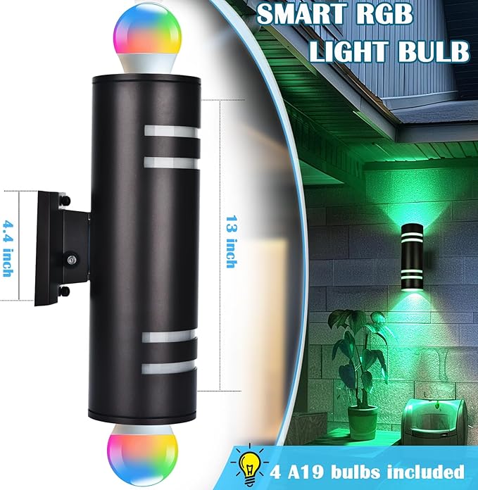 Smart RGB Outdoor Wall Lights, 2 Pack Front Porch Light Fixtures, Cylinder Up and Down Lights Outdoor Wall Sconce, Exterior Lighting Fixture Compatible with Google Assistant Alexa