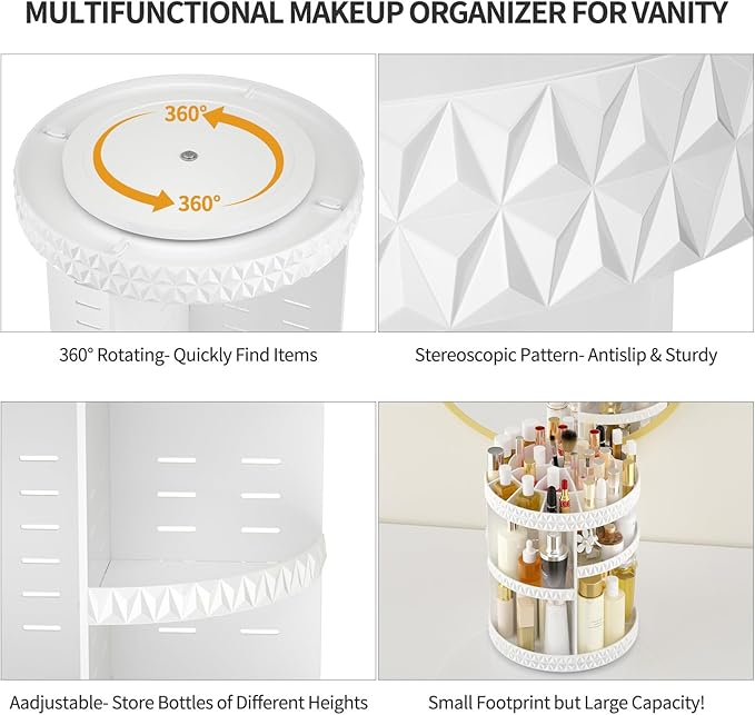 360 Rotating Makeup Organizer, DIY Adjustable Cosmetics Organizer[Patented Product], Professional Acrylic Make Up Caddy Shelf Storage Perfume, Lipsticks, Makeup Brushes or Accessories (White)
