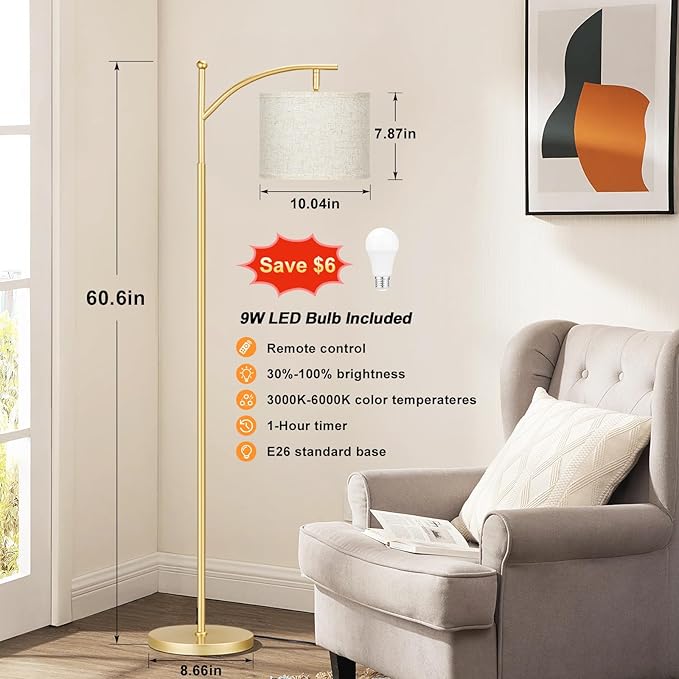 60" Floor Lamps with Remote Control & Bulb, Colors Temperature & Brightness Adjustable, Beige Shade & Gold Pole