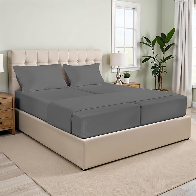 XOOX Linen Split King Sheets Sets for Adjustable Bed - 100% Cotton 500 Thread Count Split Head King Sheets (5 PC, Dark Grey), Soft, Cooling Sateen Weave Sleep Number Deep Pocket Bed Sheet Set