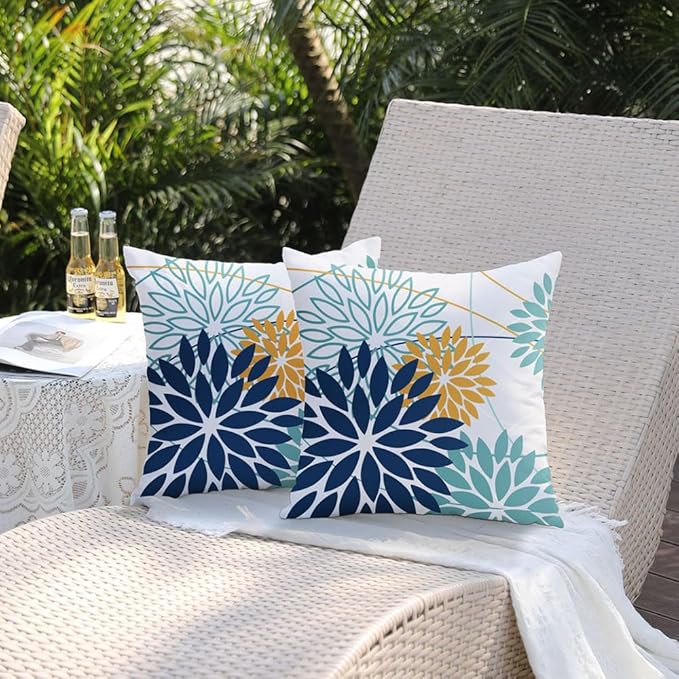 Dark Blue and Light Green Floral Pillow Covers 18x18 Set of 2 Outdoor Pillows Covers Waterproof Summer Pillowcovers Polyester Cushion Case Decor for Couch Patio Funiture Garden Porch 01T18