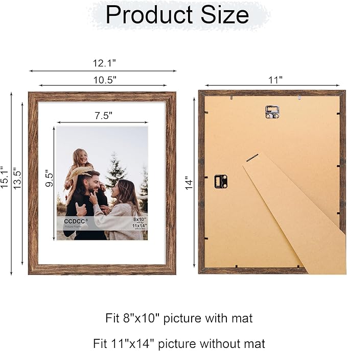 11x14 Picture Frame Set of 4, 11 x 14 Wood Photo Frames with Mat for 8x10, Natural Wooden Frame with Real Glass Cover for Wall and Tabletop Display,Rustic Brown