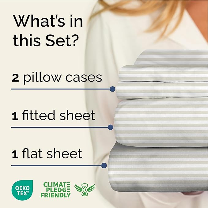 Striped Sheets - Grey Striped Sheets - 1 Flat & 1 Fitted & 2 Pillowcases w/ Deep Pockets – Comfy, Wrinkle & Fade Free - Ultra-Soft, Breathable & Cooling – Luxury Pinstripe Bedding - King Size Bed Set