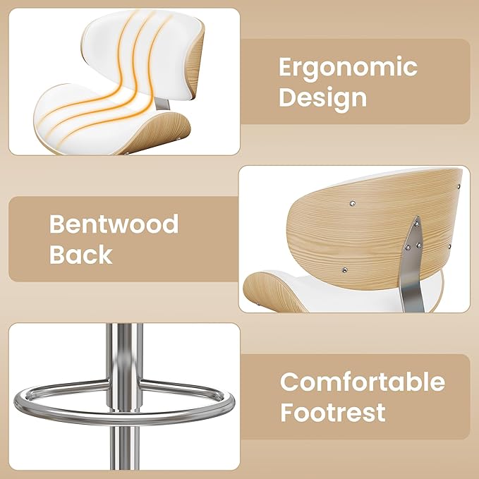 Swivel Bar Stools Set of 4 for Kitchen Counter, Adjustable Bentwood Barstools, Modern PU Leather Upholstered Bar Chair with Back and Footrest, for Bar, Kitchen, Dining Room, Snow White