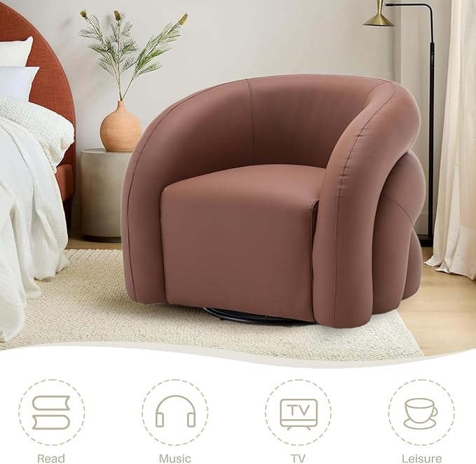 34.6" W Swivel Accent Chair, Modern Round Faux Leather Armchair for Living Room,Upholstered Comfy Sofa Chairs for Bedroom Reading Apartment Lounge,Fully Assembled(Brown)