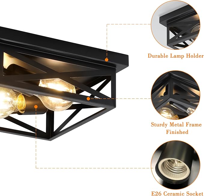 Black Rustic Metal Flush Mount Ceiling Light Fixture, 2-Light Industrial Farmhouse Hallway Light Fixtures, Metal Cage Closed to Ceiling Mounted Lights for Bedroom Kitchen Ceiling Lights