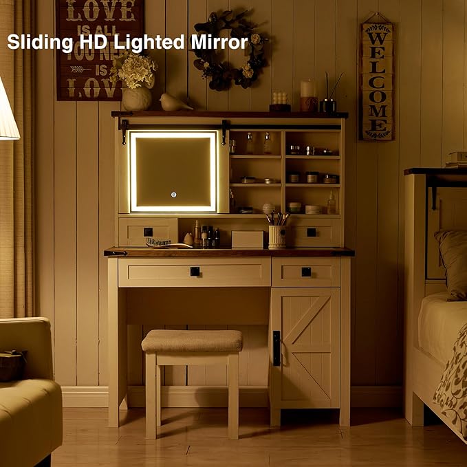 T4TREAM Farmhouse Makeup Vanity Desk with Sliding Mirror and Lights, 42'' Glass Tabletop Vanity Table with 2 Drawers & Shelves, Rustic Big Vanity Set for Bedroom, Antique White