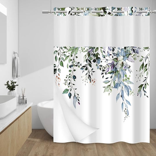 No Hook Shower Curtain with Snap in Liner - Eucalyptus Shower Curtain - Washable Waterproof Inner Liner, Plants Green Leaves Modern Shower Curtains - Machine Washable, 71 x 86