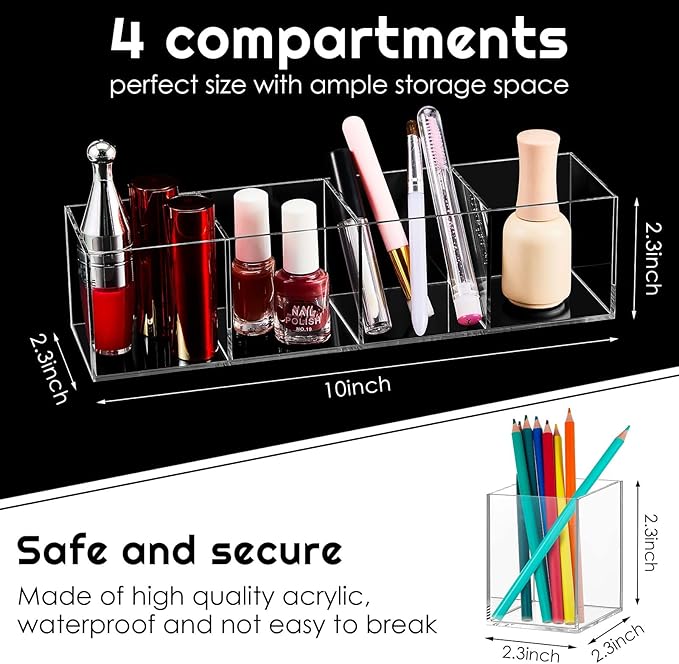 Epakh 2 Pieces 4 Compartment Acrylic Cube Organizer 4 Section Clear Acrylic Pencil Holder Small Drawer Organizer for Makeup Brush Crayon Desk Home Office Back to School Supplies