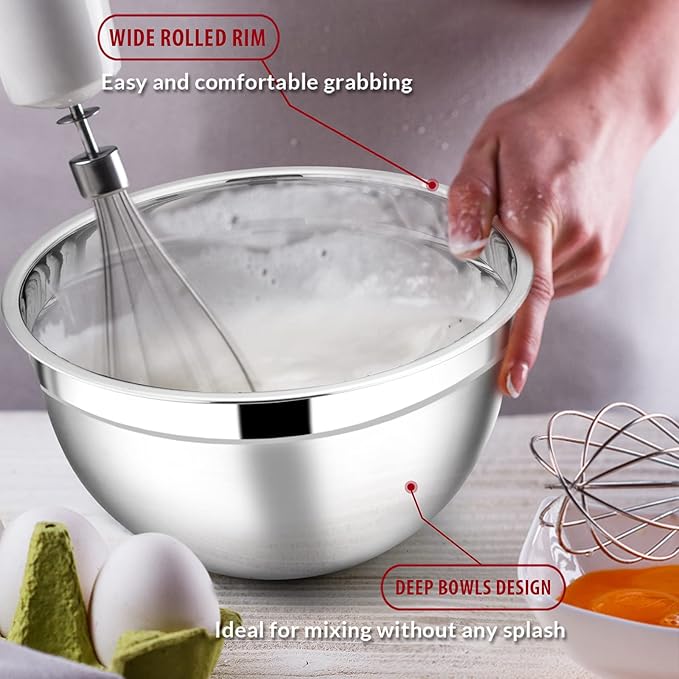 E-far Mixing Bowls with Lids Set of 5, Stainless Steel Black Mixing Bowls Metal Nesting Bowls with Airtight Lids for Cooking, Baking, Serving, Storage - Size 0.7/1/1.5/3/4.6QT - Dishwasher Safe