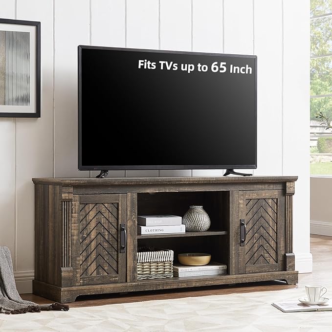 Farmhouse TV Stand for 65+ Inch TV, 25" Tall Entertainment Center with Barn Door, Rustic TV Stands for Bedroom with Adjustable Shelf, Wooden TV Consoles for Living Room, Dark Rustic Oak