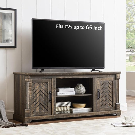 Farmhouse TV Stand for 65+ Inch TV, 25" Tall Entertainment Center with Barn Door, Rustic TV Stands for Bedroom with Adjustable Shelf, Wooden TV Consoles for Living Room, Dark Rustic Oak